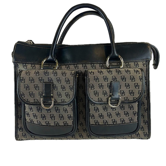 Dooney & Bourke Gray & Black Signature Logo Double Pocket Tote - Picture 1 of 14